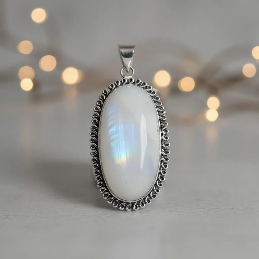 Handmade Oval Moonstone Silver Necklace - Chakra Healing Jewelry