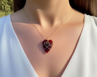 Red Garnet Heart Pendant Necklace: Handmade Wire-Wrapped Healing Crystal