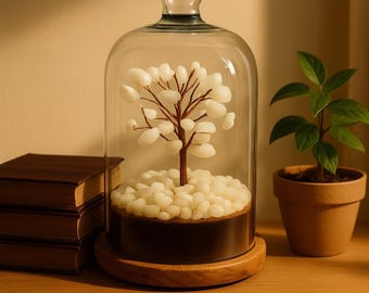 White Stone Wish Tree in Glass Dome: Chakra Balancing Decor