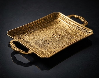 Antique Brass Serving Tray, Ornate Floral Engraved Design, Handmade Indian Decor, Small Decorative Tray, Vanity Accent, Gift for Mom