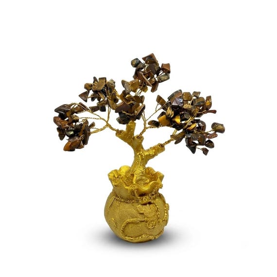 Handmade Tiger Eye Crystal Bonsai Tree, Golden Pot Home Decor, Feng Shui Prosperity Symbol