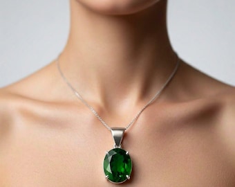 Natural Emerald Oval Pendant Necklace, Sterling Silver, August Birthstone Gift