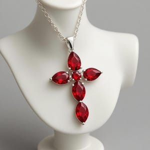 May include: A silver-toned pendant necklace featuring a cross design. The cross is adorned with large, vibrant red gemstones. The necklace is displayed on a white bust, showcasing the jewelry's design and color.