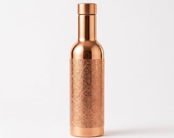 Copper Water Bottle 750ml, Engraved Ayurvedic Bottle, Handmade Traditional Copper Drinkware, Yoga Gift, Eco Friendly Hydration