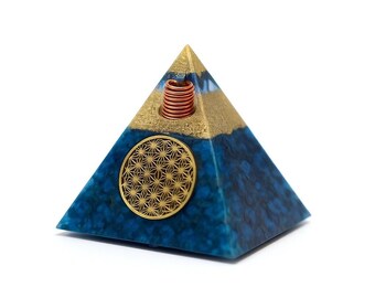 Blue Lapis Lazuli Orgonite Pyramid: Flower of Life Energy Healing Crystal