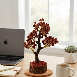 Handmade Red Jasper Crystal Tree, Gold Wire Branches, Wooden Base, Feng Shui Decor