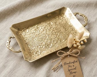 Engraved Brass Serving Tray, Indian Decorative Tray, Antique Gold Rectangular Tray, Tea Coffee Serving, Housewarming Gift, Table Decor