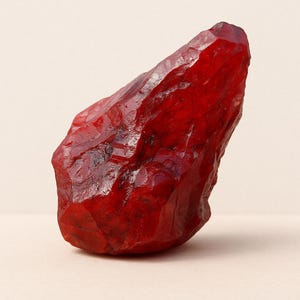 Può includere: Una gemma di rubino grezza, non tagliata, di colore rosso intenso. La superficie della pietra è ruvida e strutturata, con sfaccettature e irregolarità. La gemma è presentata su uno sfondo neutro.