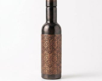 Copper Water Bottle 700ml, Engraved Ayurvedic Bottle, Indian Copper Bottle, Yoga Wellness Gift, Antique Rose Gold, Boho Drinkware