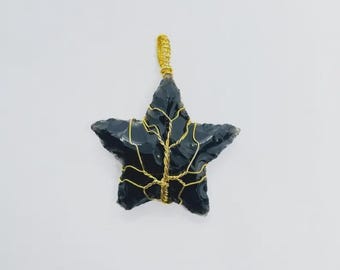 Black Obsidian Star Pendant Necklace: Tree of Life, Root Chakra Jewelry