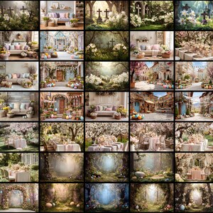 以下が含まれることがあります： イースターをテーマにしたデジタル背景のコレクション。画像には、イースターエッグ、フラワーアレンジメント、屋外のシーンが写っています。食事用のテーブルがセットされている背景もあれば、森のシーンを描いた背景もあります。