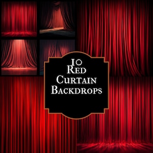 Pode incluir: Uma coleção de fundos de cortinas vermelhas. A imagem apresenta múltiplas vistas de cortinas de palco vermelhas, com iluminação e ângulos variados. O texto "10 Red Curtain Backdrops" é exibido em um fundo preto.