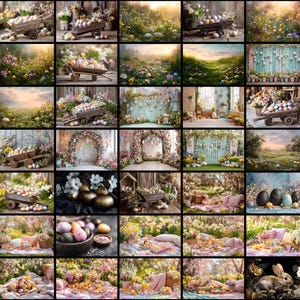以下が含まれることがあります： イースターをテーマにした画像のコラージュ。装飾された卵、フラワーアレンジメント、素朴な木製のカートなど、さまざまなシーンがあります。柔らかな照明とパステルカラーが、お祝いと春らしい雰囲気を作り出しています。いくつかの画像には、咲き誇る花と緑のある屋外の風景が写っています。