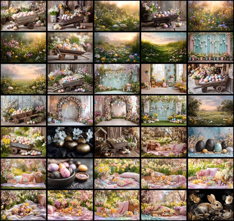 以下が含まれることがあります： イースターをテーマにした画像のコラージュ。装飾された卵、フラワーアレンジメント、素朴な木製のカートなど、さまざまなシーンがあります。柔らかな照明とパステルカラーが、お祝いと春らしい雰囲気を作り出しています。いくつかの画像には、咲き誇る花と緑のある屋外の風景が写っています。