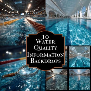 以下が含まれることがあります： 水泳プールと水の画像コラージュ。中央の画像には「IO Water Quality Information Backdrops」というテキストが表示されています。画像には、水とプールのレーンのクローズアップが含まれています。