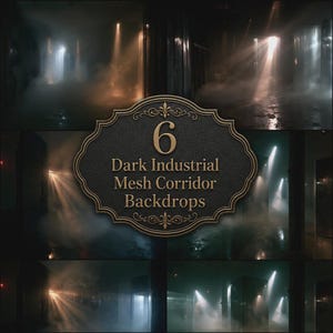 Peut inclure: Une collection de 6 arrière-plans de couloirs industriels sombres en maille avec éclairage atmosphérique, brouillard et structures métalliques. Le texte central sur une plaque décorative indique 6 Dark Industrial Mesh Corridor Backdrops.