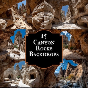 Op de afbeelding: Een collage van canyon rock achtergronden. De afbeelding toont verschillende weergaven van rotsformaties, bogen en paden. De tekst "15 Canyon Rocks Backdrops" wordt weergegeven op een zwart en bruin omlijst label.