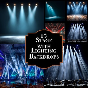 May include: A collage of stage lighting backdrops. The image features various scenes with spotlights and beams of light, including a stage with a wooden floor and a concert hall with blue and white lights. Text on the image reads "IO STAGE WITH LIGHTING BACKDROPS."
