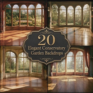 Op de afbeelding: Een collectie van 20 digitale serre-tuinachtergronden met grote boogramen, houten vloeren en natuurlijk licht. Het zwarte label in het midden toont de gouden tekst 20 Elegant Conservatory Garden Backdrops.
