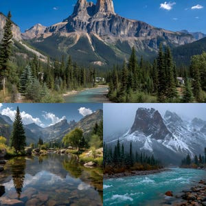 May include: A collage of four landscape images featuring majestic mountains, lush green forests, and clear turquoise rivers. The scenes capture the beauty of nature, with varying weather conditions and perspectives.