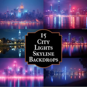 May include: A collection of 15 city skyline backdrops at night, featuring vibrant neon lights reflecting on the water. The images showcase various cityscapes with colorful illumination, including pink, blue, and orange hues, creating a dramatic and artistic effect.