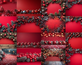 Pacchetto di sfondi fotografici natalizi, sfondi digitali per le feste, sfondi fotografici rossi festivi, scene invernali in studio