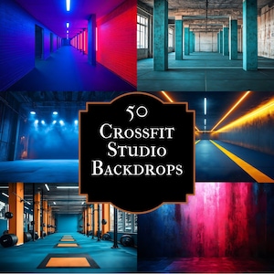 Puede incluir: Un collage de seis imágenes que muestran fondos de estudio de CrossFit. Las imágenes presentan varios entornos interiores con iluminación de neón, ladrillos a la vista y equipos de gimnasio. La imagen central muestra el texto "50 CrossFit Studio Backdrops" en un marco decorativo.
