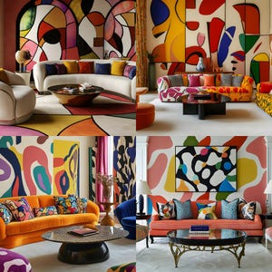 Könnte beinhalten: Eine Collage von Innenraumdesign-Bildern mit farbenfrohen, abstrakten Mustern. Sofas, Teppiche und Wandkunst zeigen kräftige Formen und lebendige Farbtöne wie Orange, Gelb und Blau. Die Räume haben eine moderne, künstlerische Ästhetik.