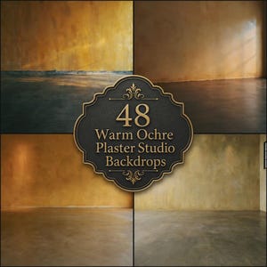 May include: A collection of 48 warm ochre plaster studio backdrops featuring textured yellow-toned walls and dark gray floors. A central black decorative plaque displays the gold text 48 Warm Ochre Plaster Studio Backdrops in a serif font.