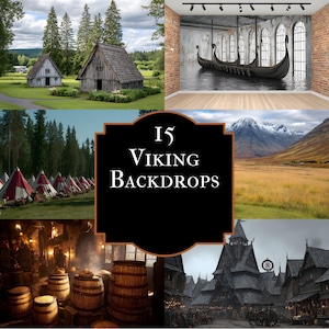 Könnte beinhalten: Eine Collage von 15 Viking-Themen-Hintergründen. Die Bilder zeigen ein Wikingerschiff auf dem Wasser, Holzgebäude, eine Berglandschaft, ein Wikingerdorf und ein Zeltlager. Der zentrale Bildausschnitt zeigt den Text "15 Viking Backdrops" in Weiß auf schwarzem Hintergrund.