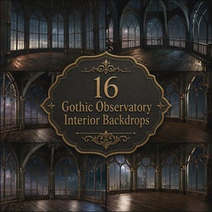May include: A collection of 16 Gothic observatory interior backdrops featuring dark wooden floors, arched windows, and starry night sky views. The central text on a decorative plaque reads 16 Gothic Observatory Interior Backdrops.