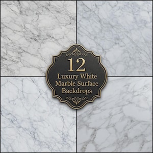 May include: A collection of twelve white marble surface backdrops featuring various grey veining patterns. A central black plaque with gold decorative borders and text reads 12 Luxury White Marble Surface Backdrops in a serif font.