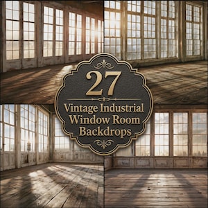 Könnte beinhalten: Eine Sammlung von vier Innenraumszenen mit großen Industriefenstern und Holzböden, überlagert mit einem dunklen kreisförmigen Emblem, das den goldenen Text 27 Vintage Industrial Window Room Backdrops enthält.