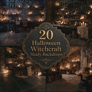 May include: A collection of 20 Halloween Witchcraft Study Backdrops featuring dark, stone-walled rooms illuminated by numerous candles, wooden shelves filled with books and potions, and rustic tables, all presented in a collage format with gold text.