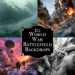 Peut inclure: Image composite de quatre scènes de champs de bataille de la Première Guerre mondiale. Le texte central indique "10 World War Battlefield Backdrops". Les scènes montrent des soldats, des explosions et des ciels dramatiques.
