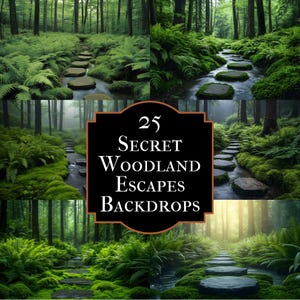 Puede incluir: Una imagen compuesta que muestra 25 fondos de Secret Woodland Escapes. Las escenas representan senderos forestales serenos con piedras, exuberantes helechos verdes y agua corriente. El texto está en un marco negro.