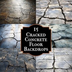 May include: A composite image showcasing 15 cracked concrete floor backdrops. The floors display a variety of textures and colors, ranging from light gray to dark brown, with prominent cracks. The image includes a central text element.