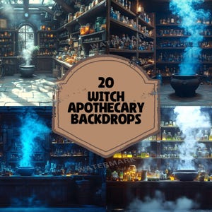 May include: A collection of 20 witch apothecary backdrops. The images depict dimly lit rooms filled with shelves of potion bottles, cauldrons, and mystical blue smoke. The overall theme is fantasy and magic.