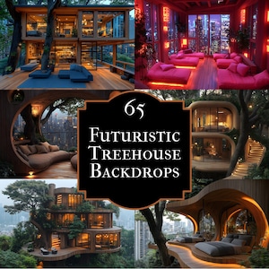 May include: A collage of images showcasing futuristic treehouse designs. The images feature modern architecture with large windows, integrated into natural settings. The text "65 Futuristic Treehouse Backdrops" is displayed on a black background.