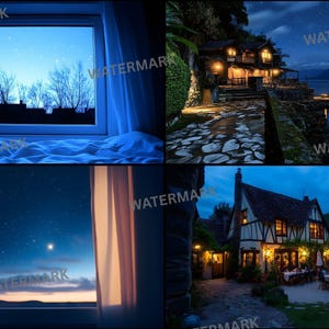May include: A collage of four images featuring night scenes. One shows a window with a view of a starry sky, another a house lit up at night, and two more of buildings at night with lights on.