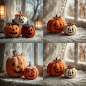 May include: A selection of handmade plush pumpkins in different sizes and colours. The pumpkins are orange, red, and white, with stitched faces and decorative stems. The scene evokes a cosy, autumnal or Halloween theme.