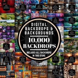May include: A digital collection of 10,000 backdrops and backgrounds featuring a wide variety of scenes including red curtains, neon cityscapes, blue smoke, grand boarding schools, 1920s NYC streets, emerald green landscapes, and soccer arenas.