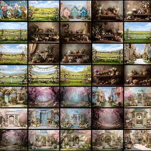 以下が含まれることがあります： イースターをテーマにしたデジタル背景のコレクション。カラフルな家、イースターエッグで飾られた柵、フラワーアレンジメント、咲き誇る木々のあるシーンが画像に表示されます。カラーパレットにはパステルと鮮やかな色合いが含まれています。