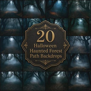 Può includere: Una collezione di 20 immagini digitali che mostrano sentieri forestali oscuri e nebbiosi con foglie cadute e alberi in silhouette. Una targa ornamentale marrone scuro con bordo dorato mostra il testo 20 Halloween Haunted Forest Path Backdrops.