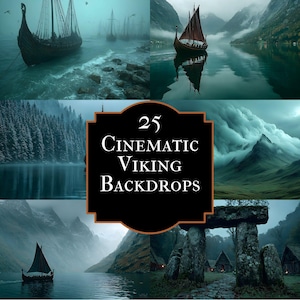 Puede incluir: Una colección de 25 fondos de pantalla cinematográficos vikingos. Las imágenes muestran barcos vikingos navegando en aguas brumosas, con montañas y bosques de fondo. La paleta de colores está dominada por azules, verdes y marrones, creando un ambiente melancólico.