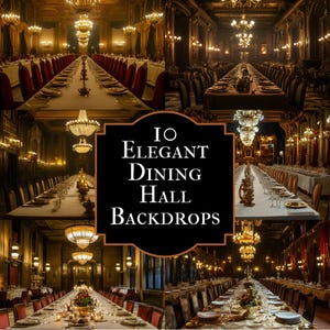 Puede incluir: Un collage de imágenes que muestran elegantes fondos de comedores. Los salones cuentan con largas mesas con fina porcelana, cristal y arreglos florales. El texto "10 Elegant Dining Hall Backdrops" se muestra en un marco negro.