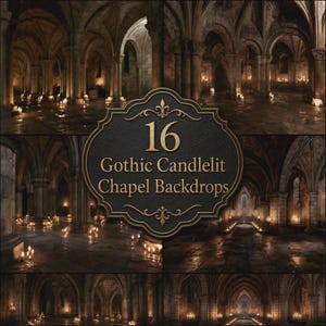 May include: A collection of 16 digital backdrops featuring gothic chapel interiors illuminated by numerous candles. The central dark emblem displays the gold text 16 Gothic Candlelit Chapel Backdrops, surrounded by four distinct stone archway scenes.