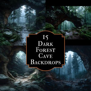 Toile de fond numérique Grotte de la forêt sombre, arrière-plan de photographie mystique, accessoire photo fantastique, scène de la forêt enchantée, Unique