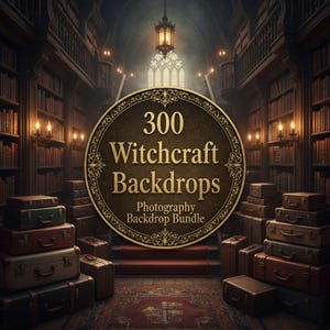 May include: An image of a library with stacks of vintage suitcases and a sign that reads "300 Witchcraft Backdrops Photography Backdrop Bundle". The library has bookshelves, a red carpet, and a gothic window.