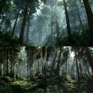 May include: A serene forest scene with tall, slender trees reaching towards the sky. Sunlight filters through the dense canopy, creating a misty, ethereal atmosphere. The image showcases a lush, green environment with a sense of depth and tranquility.